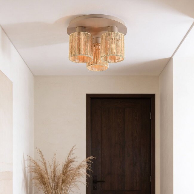 Moderne Deckenleuchte Canna in Beige mit gewebtem Seil 3-flammig