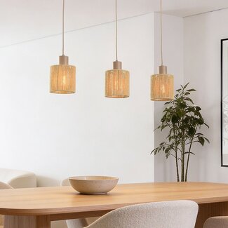 3-flammige Hängelampe Carrizo in Beige mit gewebtem Papierseil