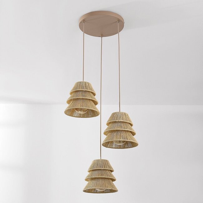 Boho-Pendelleuchte Tula - naturfarbene Schirme aus gewebtem Seil