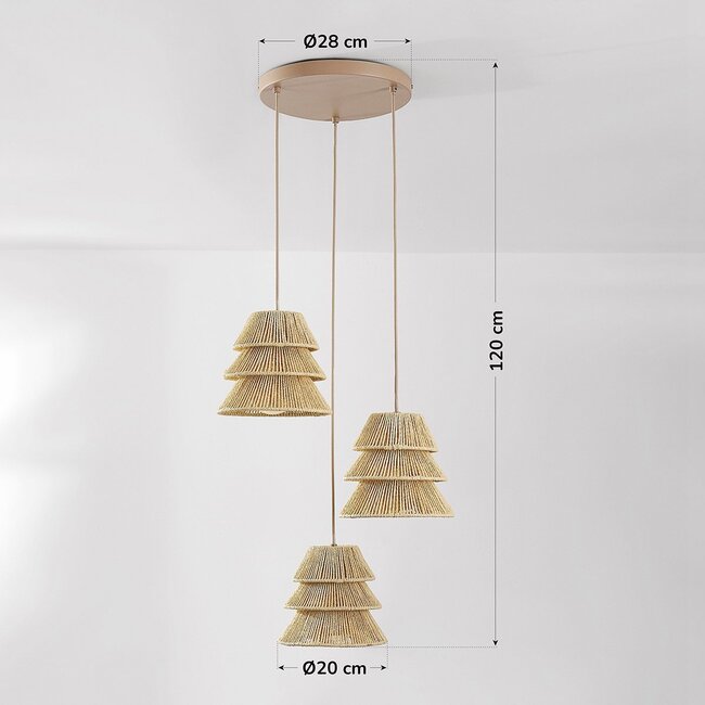 Boho-Pendelleuchte Tula - naturfarbene Schirme aus gewebtem Seil