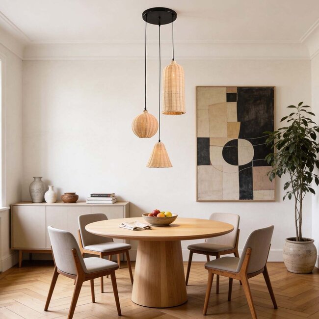 Boho-Hängelampe Misu aus Rattan mit drei naturfarbenen Schirmen