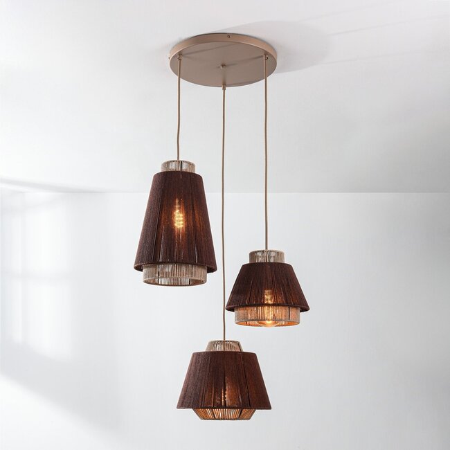 Boho-Pendelleuchte Yra - Baumwollseil in Taupe und Dunkelbraun