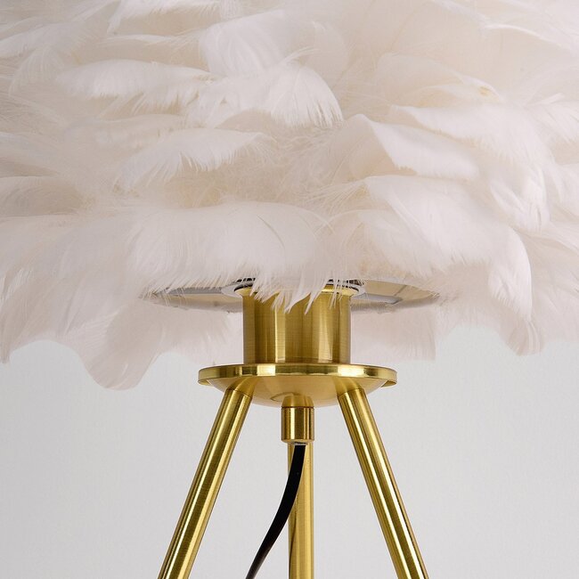 Tischlampe Saphira mit weißen Federn und Fuß aus Goldmessing