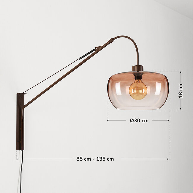 Wandleuchte Dasha in Braun mit drehbarem, ausziehbarem Arm und braunem Ombré-Glas