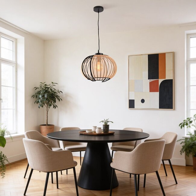 Hängelampe Lofas schwarz mit offenem Metallschirm und beigem Stoff