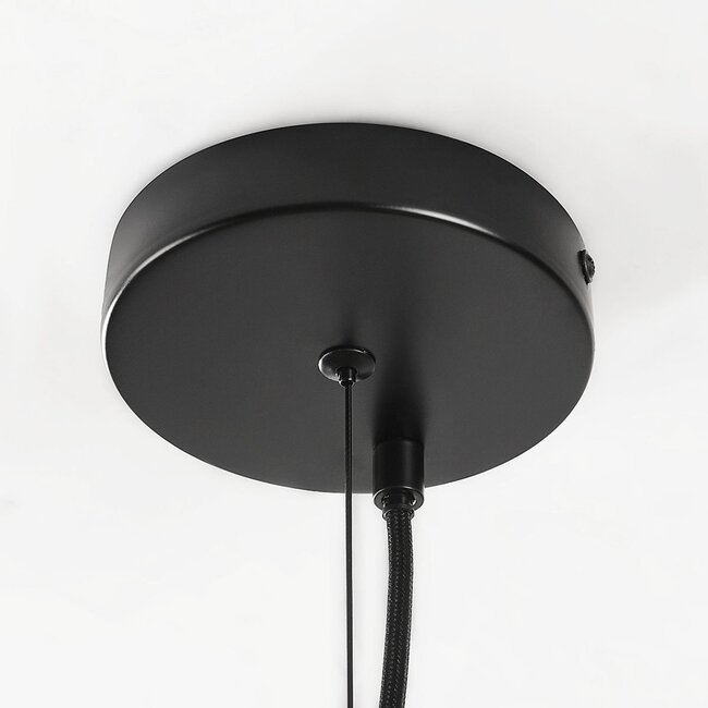 Hängelampe Lofas schwarz mit offenem Metallschirm und beigem Stoff