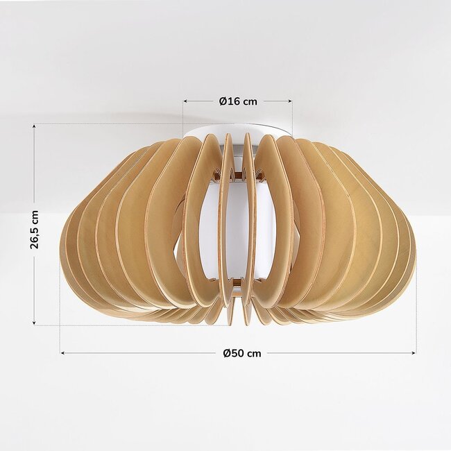 Deckenleuchte Roia mit Holzlamellen und Diffusor in offener, runder Form
