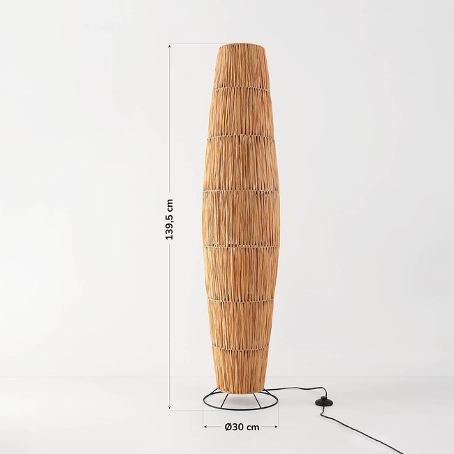 Stehleuchte Plecta aus Raffiabastpapier mit schwarzem Metallfuß – 140 cm