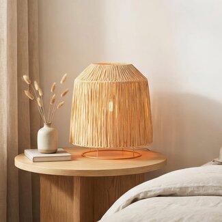 Tischlampe Aruna aus Raffiabaumfasern mit beigem Metallfuß