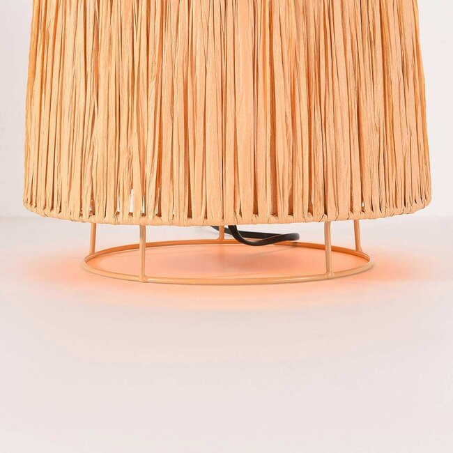 Tischlampe Aruna aus Raffiabaumfasern mit beigem Metallfuß