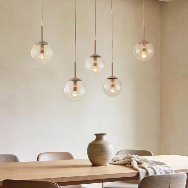 Moderne Hängelampe Alea in Beige mit transparenten Glaskugeln, 5-flammig