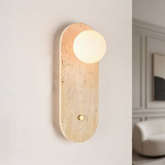 Wandleuchte Onda aus Travertin (Naturstein) und milchweißem Glas