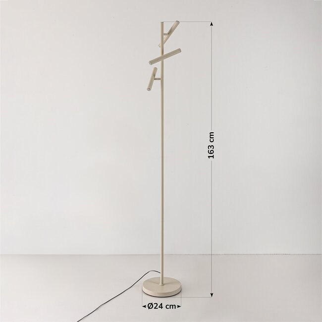 Beige Stehleuchte Zhan mit drei drehbaren Spots und Touch-Dimmer, Up- & Downlight