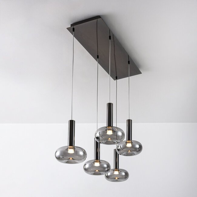 5-flammige Pendelleuchte Valira - Schwarzchrom mit Rauchglas, Fernbedienung und dimmbar