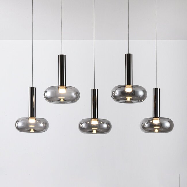 5-flammige Pendelleuchte Valira - Schwarzchrom mit Rauchglas, Fernbedienung und dimmbar
