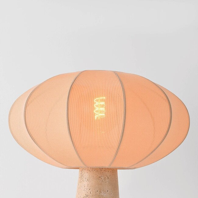Japandi Tischlampe Merox mit Stoffschirm und Travertin-Optik Fuß