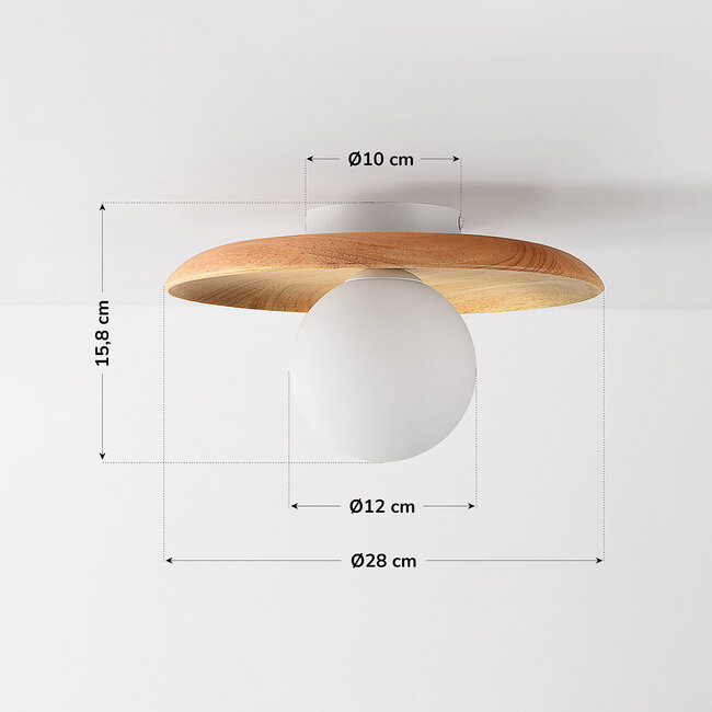 Deckenleuchte Ruvo aus hellem Holz und milchweißer Glaskugel