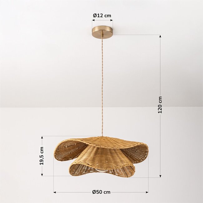 Rattan-Hängelampe Arua mit handgeflochtenem Doppelschirm und goldenem Detail Ø50 cm