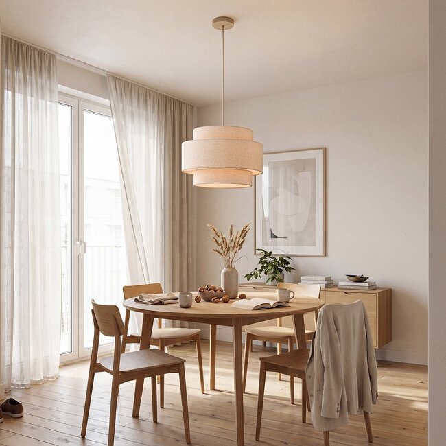 Hängelampe Corra beige mit geschichtetem Leinenschirm