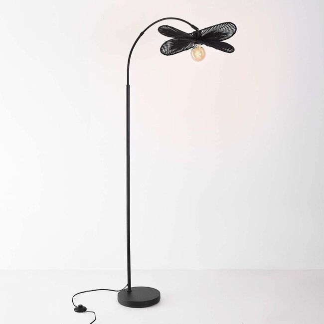 Bogenlampe Sarah schwarz mit Papierschnur-Schirm