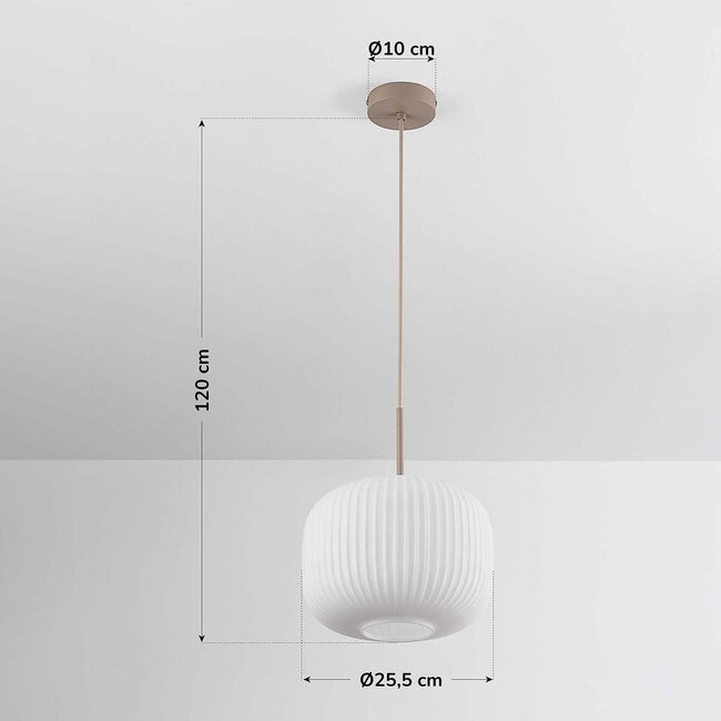 Hängelampe Isolde beige mit geripptem milchweißem Glas