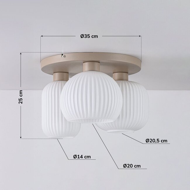 3-flammige Deckenleuchte Elowen beige mit geripptem milchweißem Glas