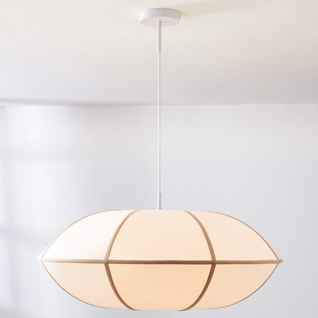 Moderne Hängelampe Ovala mit beigem Leinenschirm und braunen Akzenten Ø60 cm