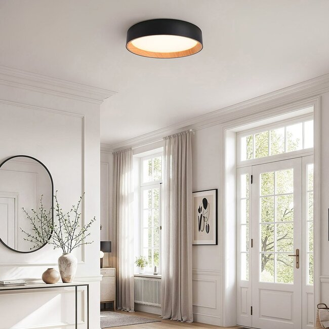 LED-Deckenleuchte Larios, 3-stufig dimmbar Ø39 cm - Schwarz mit Holzakzent