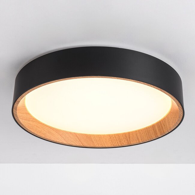 LED-Deckenleuchte Larios, 3-stufig dimmbar Ø39 cm - Schwarz mit Holzakzent