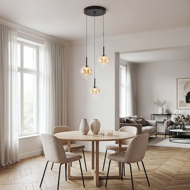 Moderne Pendelleuchte Drop mit Amberglas und integrierter LED, 3-stufig dimmbar