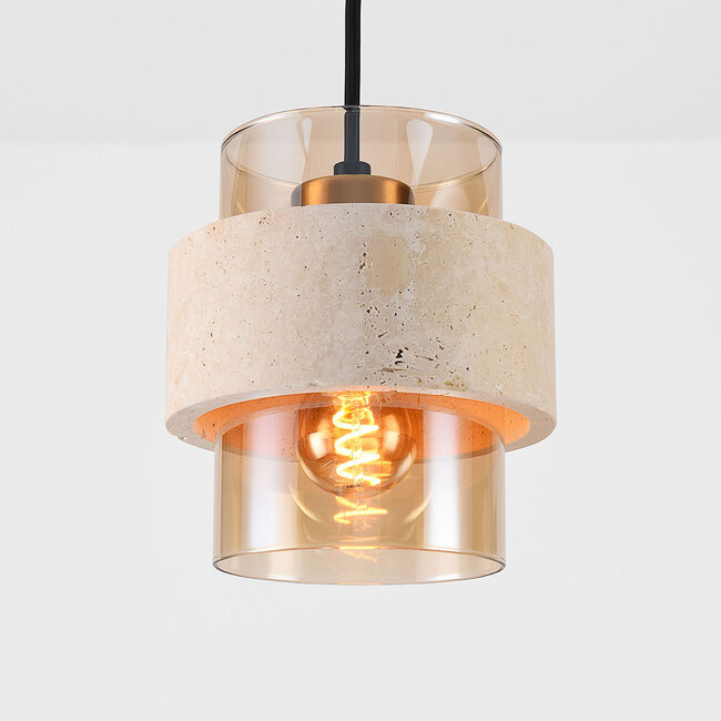 Hängelampe Yuki mit Travertin (Naturstein) und amber Glas