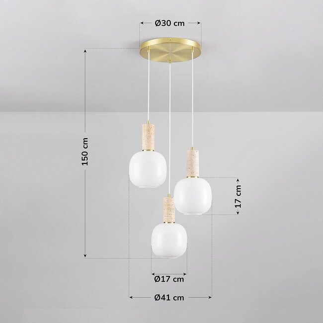 3-flammige Hängelampe Vesso mit milchweißen Gläsern und Travertin