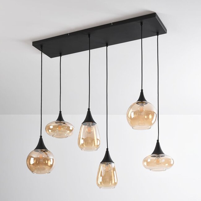Schwarze Pendelleuchte Loic mit amber Glas, 6-flammig