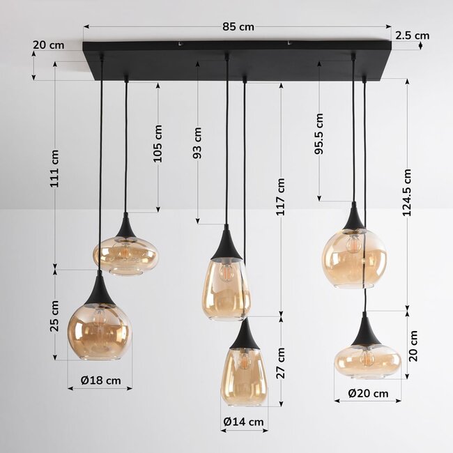 Schwarze Pendelleuchte Loic mit amber Glas, 6-flammig