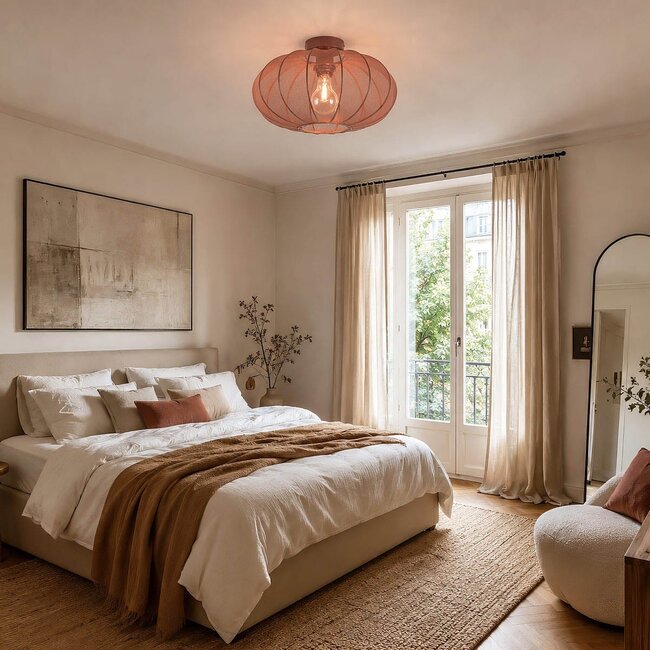 Deckenleuchte Linen mit rundem terra-rosa Stoffschirm