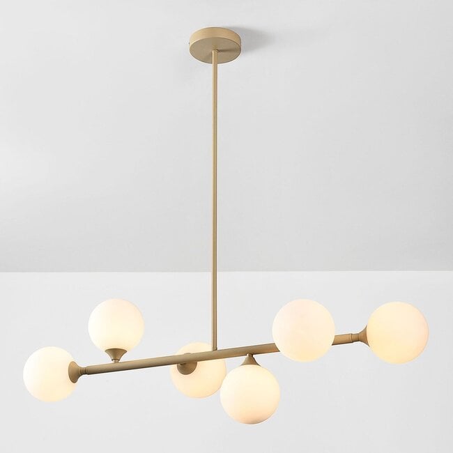 Design-Hängelampe Aster – beige mit milchweißem Glas, 6-flammig