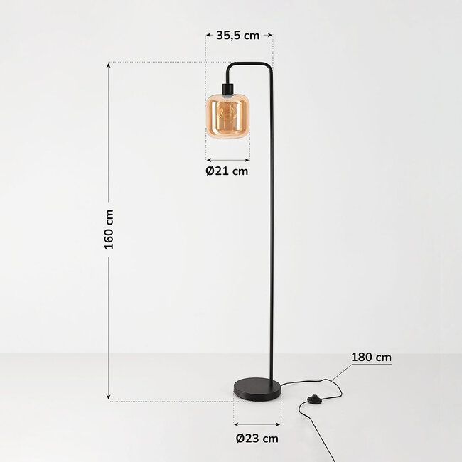 Stehlampe Piedi in Schwarz mit Amberglas