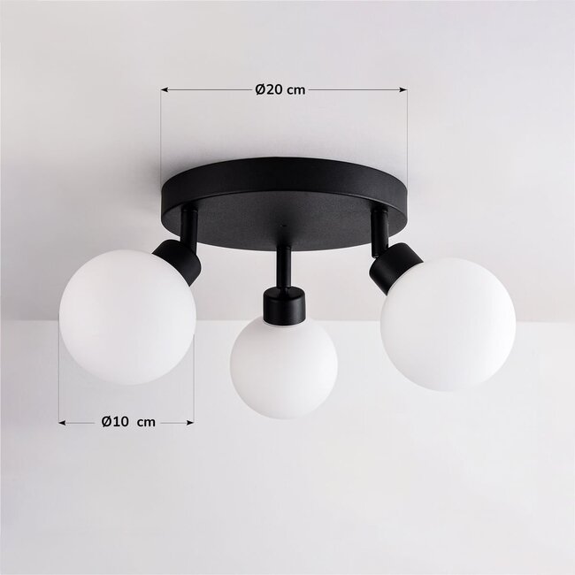 Deckenleuchte Zano mit 3 drehbaren Lichtpunkten - schwarz mit milchweißem Glas