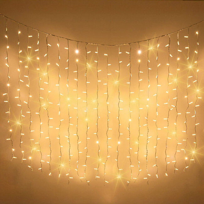 Lichtvorhang erweiterbar Weiß | ab 2 Meter | 300 LEDs | 2200K extra Warmweiß mit Funkeln | Gummi