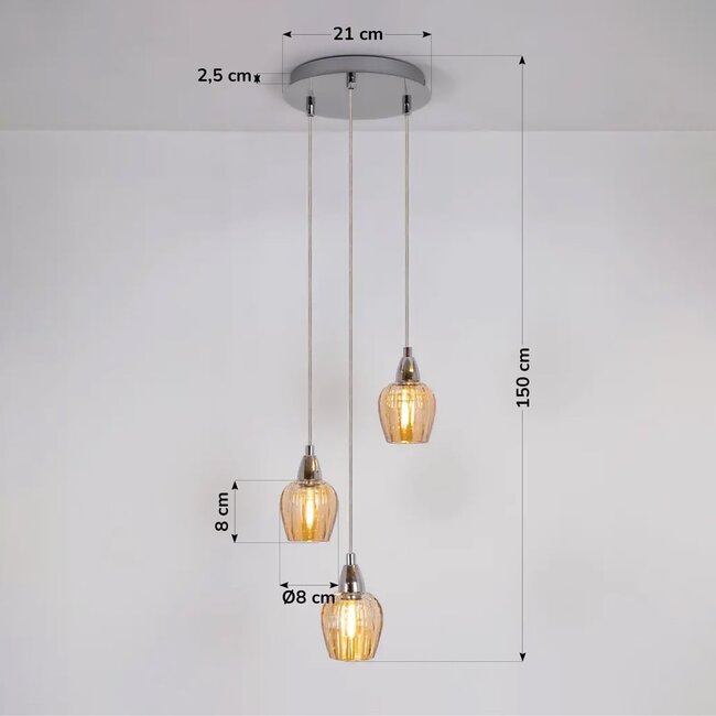 Industrielle Chrom-Pendelleuchte mit amber Glas, 3-flammig- Vanity