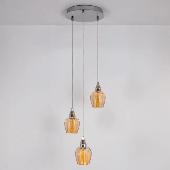 Industrielle Chrom-Pendelleuchte mit amber Glas, 3-flammig- Vanity