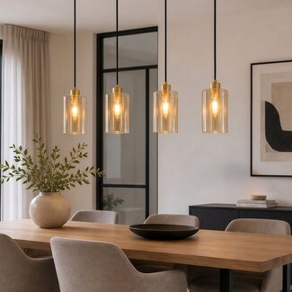 Industrielle mattschwarze und sandgoldene Pendelleuchte mit amber Glas 4-flammig - Tuscon