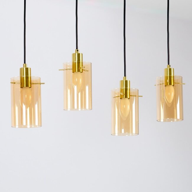 Industrielle mattschwarze und sandgoldene Pendelleuchte mit amber Glas 4-flammig - Tuscon