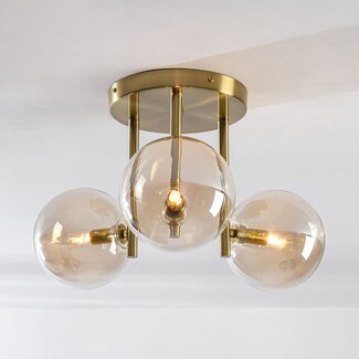 3-Licht-Deckenleuchte Elora Messing mit cognacfarbenem Glas