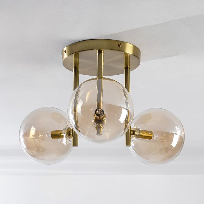 3-Licht-Deckenleuchte Elora Messing mit cognacfarbenem Glas