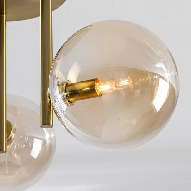 3-Licht-Deckenleuchte Elora Messing mit cognacfarbenem Glas