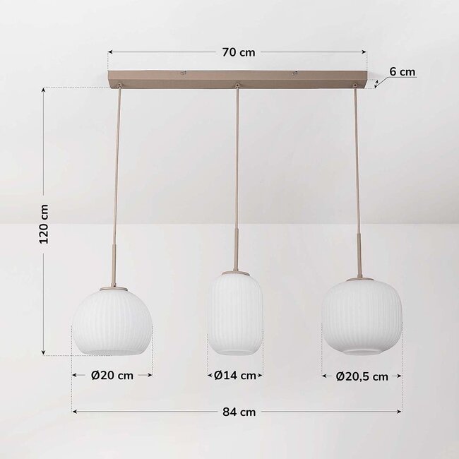 Hängelampe Meliora beige mit 3 gerippten Gläsern