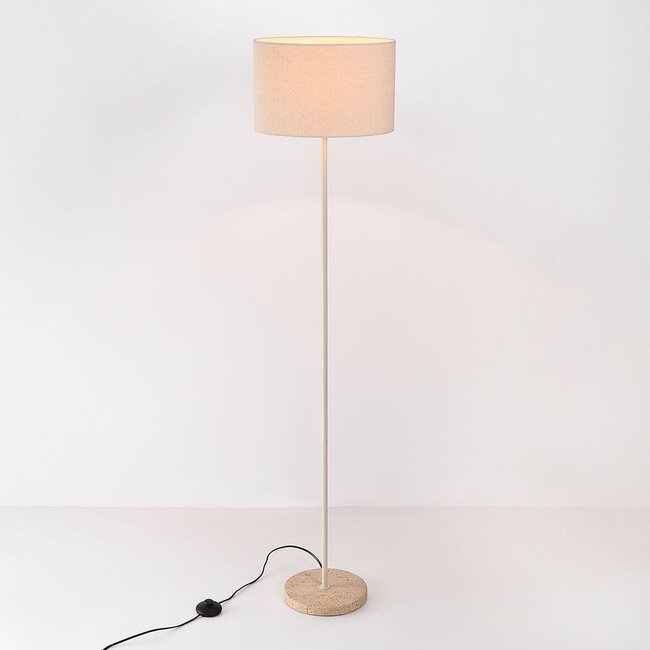 Stehlampe Auras mit Leinenschirm und Travertin-Effekt - beige