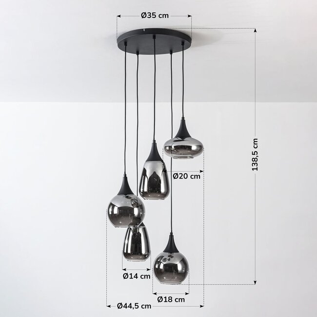 5-flammige Hängelampe Loua - Schwarz und Rauchglas