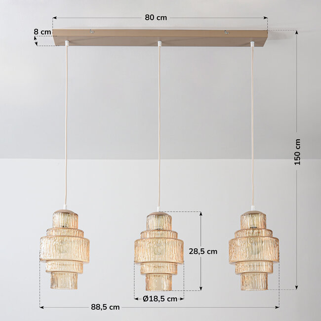 Hängeleuchte Odinda mit 3 gerippten amber Gläsern - Beige